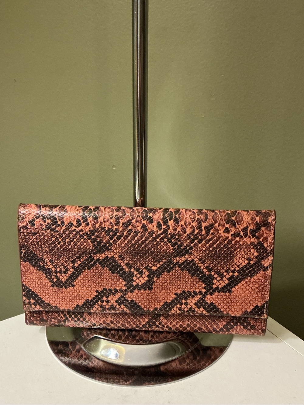 Able Snake-Embossed Orange Black Leather Long Flap Wallet NWOT Handmade Brazil